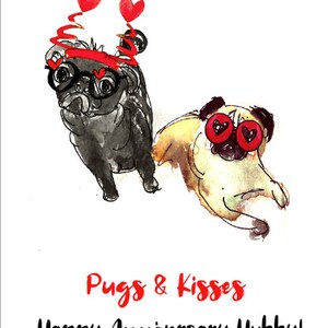 pugs n kisses carte, aquarelle illustration pug chien valentines anniversaire salutation, chien valentines note carte joyeux anniversaire Pug carte drôle image 3