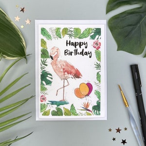 Carte d’anniversaire Flamingo, Carte Flamingo Joyeux anniversaire, Carte d’anniversaire Tropical Flamingo, Carte de fête personnalisée Aquarelle Carte Flamingo tous âges
