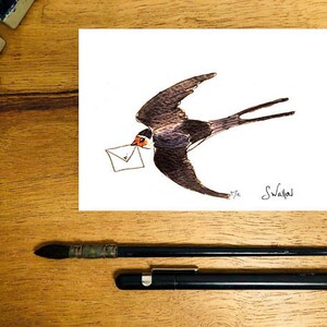 hand painted watercolour swallow card swallow greeting card, bird card handpainted personalised message written inside card