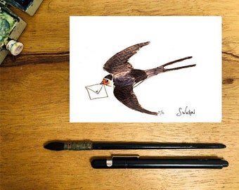 hand painted watercolour swallow card swallow greeting card, bird card handpainted personalised message written inside card