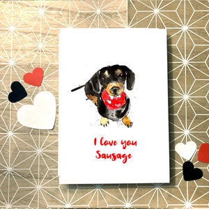 Lustige Valentinstag i love you Dackel Wurst Illustration Handgemachte Karte Personalisiert, Personalisierte lustige Dackel Karte