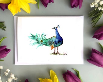 peacock watercolour card , handmade peacock birthday watercolour peacock illustration card, peacock illustration card