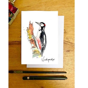 Cartolina ad acquerello Woodpecker per la festa del papà, biglietto di auguri in legno dipinto a mano, biglietto di compleanno per uccelli,