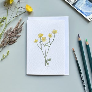 Boterbloemkaart, roos gepersonaliseerde wenskaart, aquarel wenskaart boterbloem schilderij