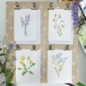 Paquetes de tarjetas de PRIMAVERA pintados a mano, tarjetas con margaritas, campanillas azules, no me olvides y diente de león, paquete de regalo de tarjetas de felicitación de primavera pintadas a mano