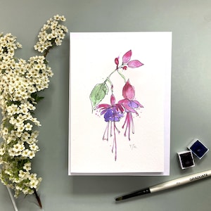 Cartão de felicitações Fuscia, cartão de felicitações com pintura em aquarela Fuscia