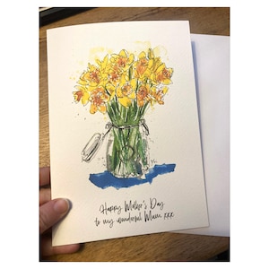 Carte de fête des mères jonquille A5, carte de fleur de jonquille personnalisée unique, jonquilles dans un bocal, carte de jonquille lumineuse et joyeuse