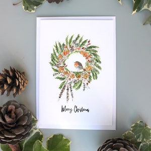 Weihnachtskranz Rotkehlchen & Orangen Weihnachtskarte, Aquarell traditioneller Fasan Weihnachtskranz Karte