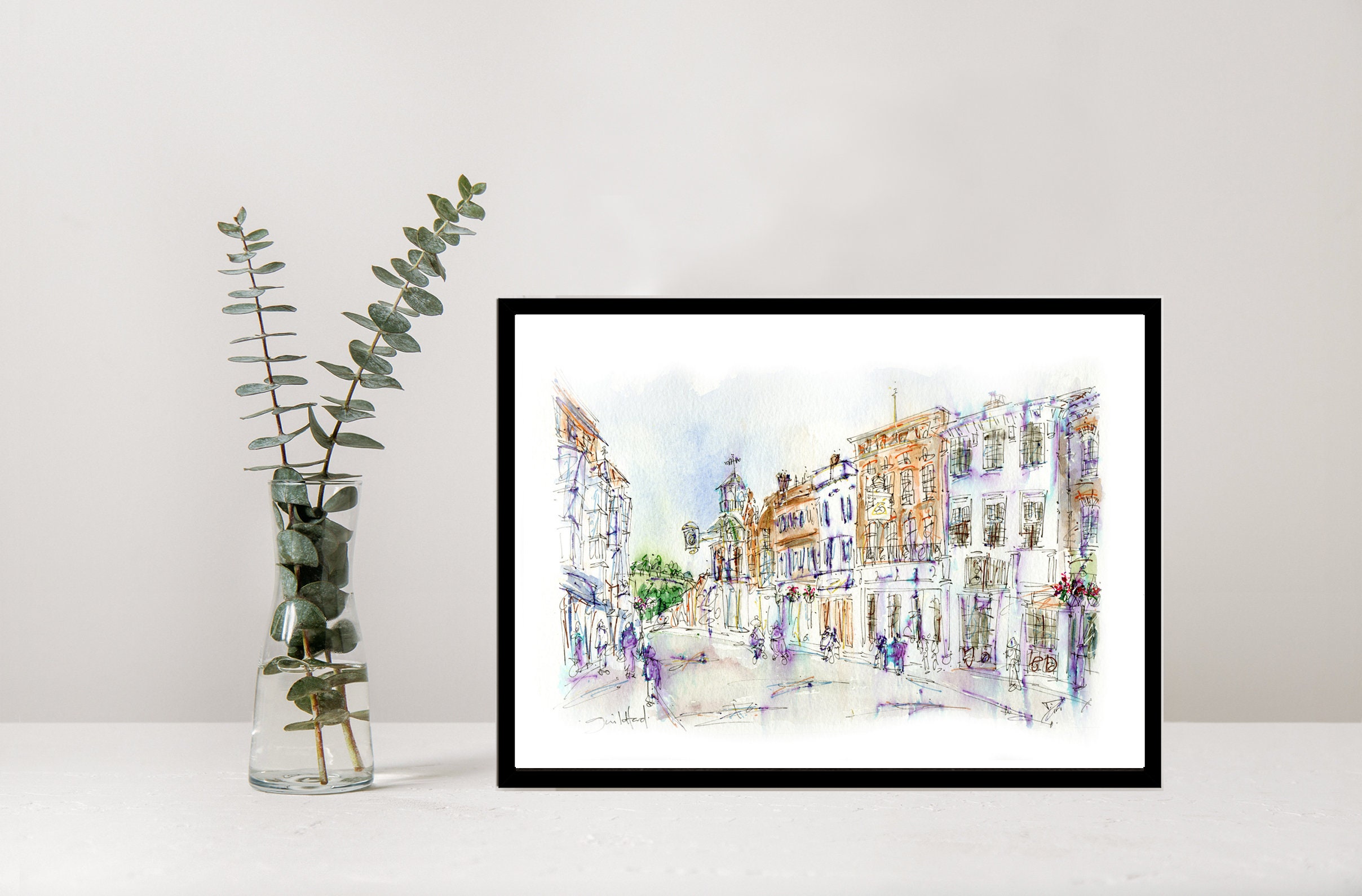 Guildford clock hightsreet surrey watercolour illustration print  wal lart ideal birthday anniversary gift bockingford inkjet paper modern