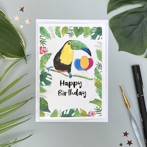Carte d'anniversaire toucan, carte de toucan de joyeux anniversaire, carte d'anniversaire de toucan tropical, carte de toucan de fête personnalisée aquarelle tous âges