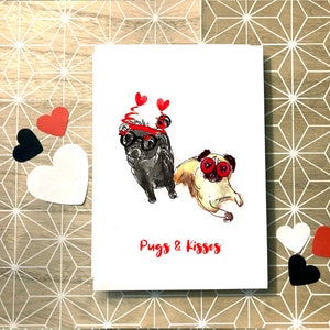 pugs n baci biglietto, illustrazione acquerello pug cane san Valentino anniversario saluto, cane san Valentino biglietto buon compleanno Pug card divertente