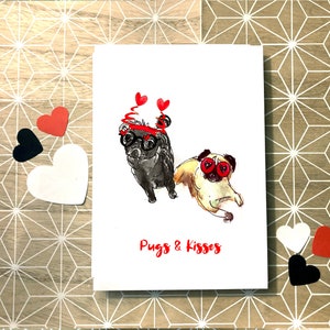 pugs n kisses carte, aquarelle illustration pug chien valentines anniversaire salutation, chien valentines note carte joyeux anniversaire Pug carte drôle image 1