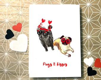 pugs n kisses card, watercolor illustration pug dog valentines anniversary greeting, dog valentines note card happy birthday Pug card funny