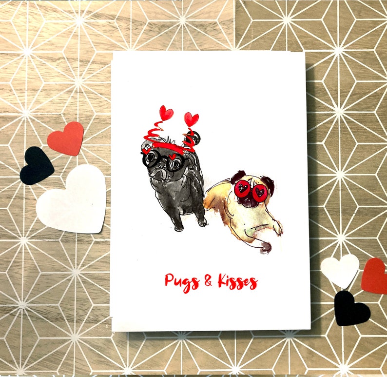 pugs n kisses carte, aquarelle illustration pug chien valentines anniversaire salutation, chien valentines note carte joyeux anniversaire Pug carte drôle image 1