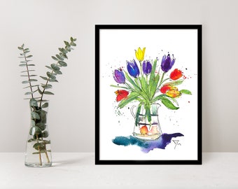 Watercolor Tulips Print gift , Tulip A4 watercolour print easy to frame gift birthday
