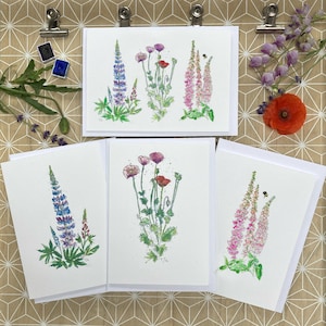 gepersonaliseerde zomerbloemen vingerhoedskruid klaprozen lupine kaartpakket, handbeschilderd bedankje zomerwenskaart cadeaupakket, zomerbloemenprints