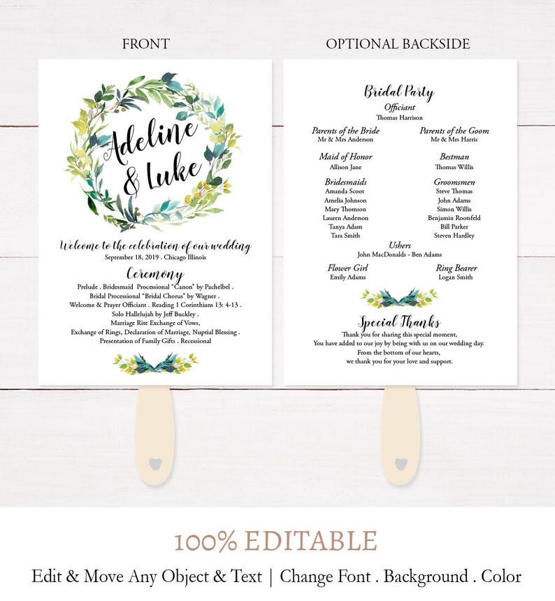 Custom Wedding Fans Editable Wooden Rustic Wedding Fan Program Wood Wedding Fan Program Template L2 digital printable pdf template
