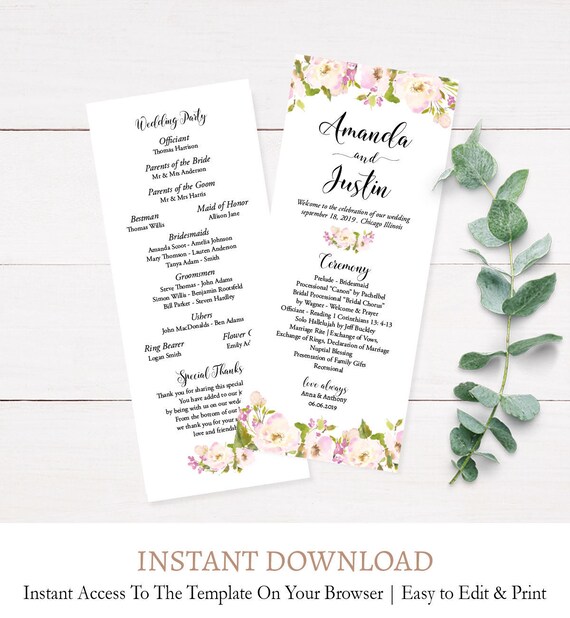 Floral Program Template Tea Length Wedding Program Template Etsy