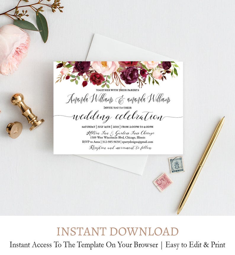 Editable Burgundy Flowers Wedding Invitation Suite Fall Flowers Wedding Invitation Download detail FL1 Digital Template Printable rsvp