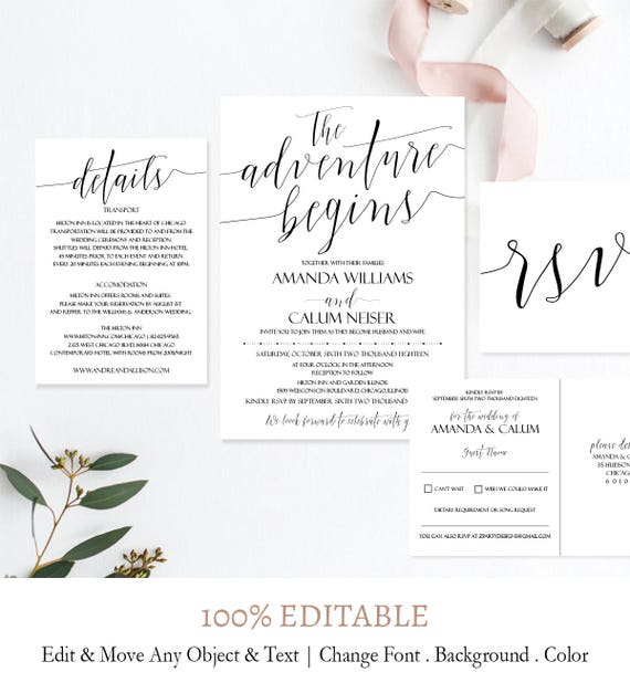 Simple Script Wedding Invitation Set Editable Text C1 Digital Template Simple Wedding Invitations Suite Instant Download Printable PDF