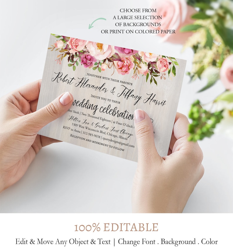 Editable Text Wedding RSVP Card Wedding Details Card Watercolor Rose Flowers Wedding Invitation Suite F9 Digital Printable Template pdf