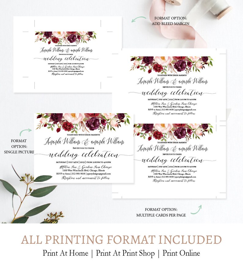 Editable Burgundy Flowers Wedding Invitation Suite Fall Flowers Wedding Invitation Download detail FL1 Digital Template Printable rsvp