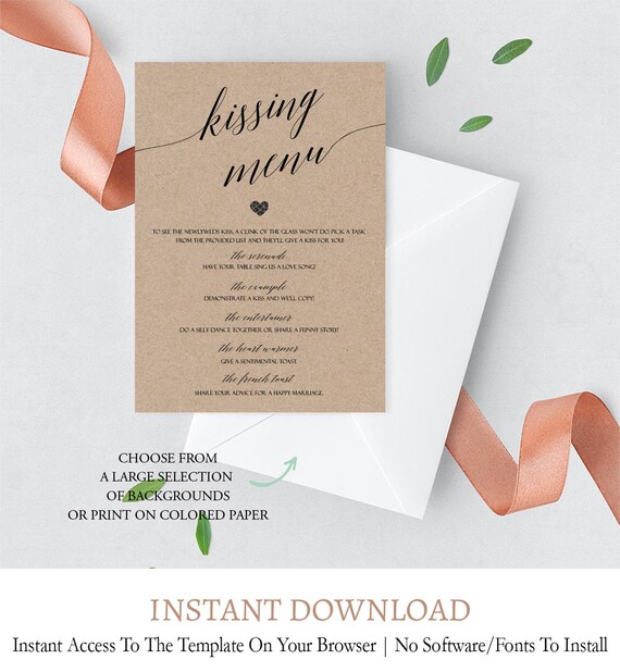 Customizable Kissing Menu Cards Printable Kissing Games Etsy