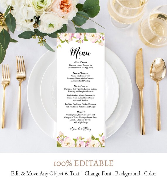 Diy Wedding Menu Card Template Floral Tea Length Printable Etsy