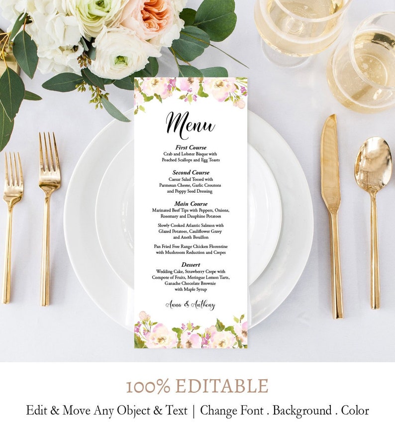Floral Tea Length Printable Menu Instant Download Editable Text Printable Reception Menu Card DIY Wedding Menu Card Template Digital F5
