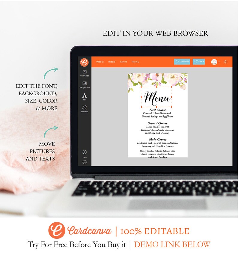 Floral Tea Length Printable Menu Instant Download Editable Text Printable Reception Menu Card DIY Wedding Menu Card Template Digital F5