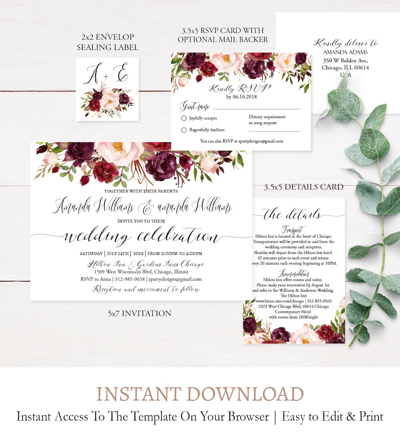 Editable Burgundy Flowers Wedding Invitation Suite Fall Flowers Wedding Invitation Download detail FL1 Digital Template Printable rsvp