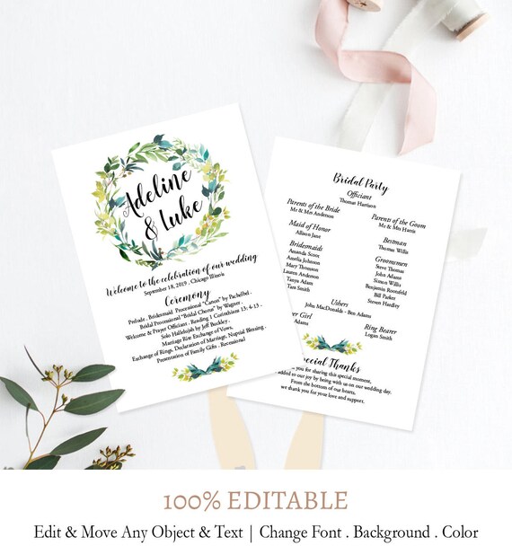 Green Wreath Wedding Program Fans Template Garden Wedding Etsy