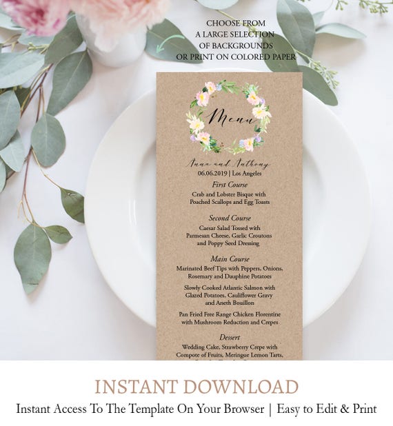 Rustic Wedding Menu Template Kraft Menu Cards Wedding Dinner Etsy