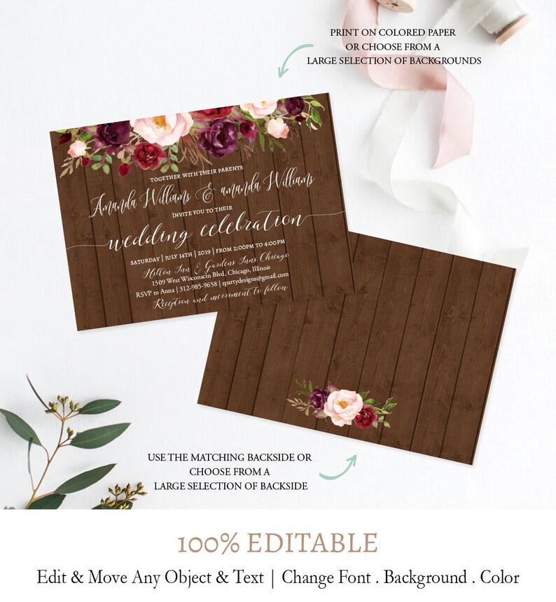 Editable Burgundy Flowers Wedding Invitation Suite Fall Flowers Wedding Invitation Download detail FL1 Digital Template Printable rsvp