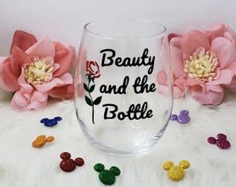Beauty & The Beast Wine Glass,Disney Lover Wine Tumbler,  20 ounce Beauty and the Bottle Wine Tumbler,Whimsical Disney Wine Tumbler