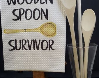 Wooden Spoon Survivor, Funny Kitchen Towel, Chefs Gift,  Wedding Shower Gift, New Parent Gift, Housewarming Gift, Kitchen Decor, Humor Gift