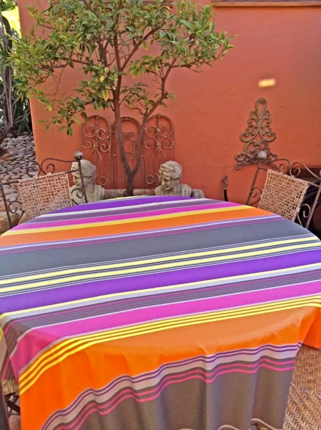 French Basque Orange Strip Tablecloth Cotton Coated French Oilcloth ...