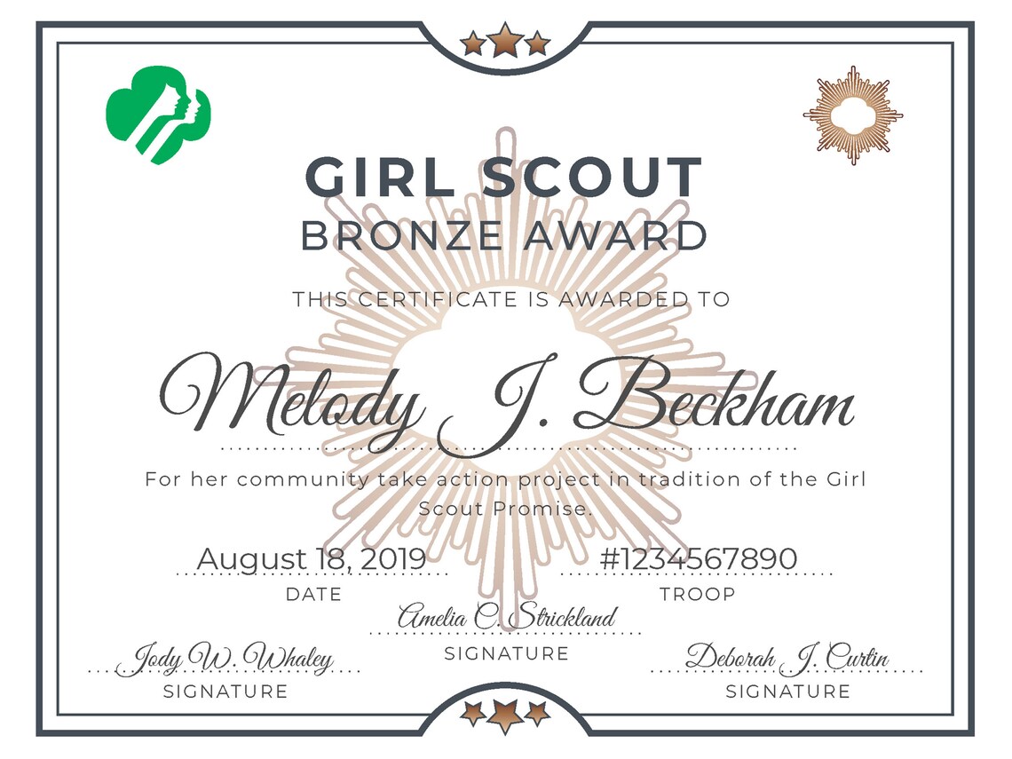 Girl Scout Bronze Award Certificate Printable PDF Template Etsy