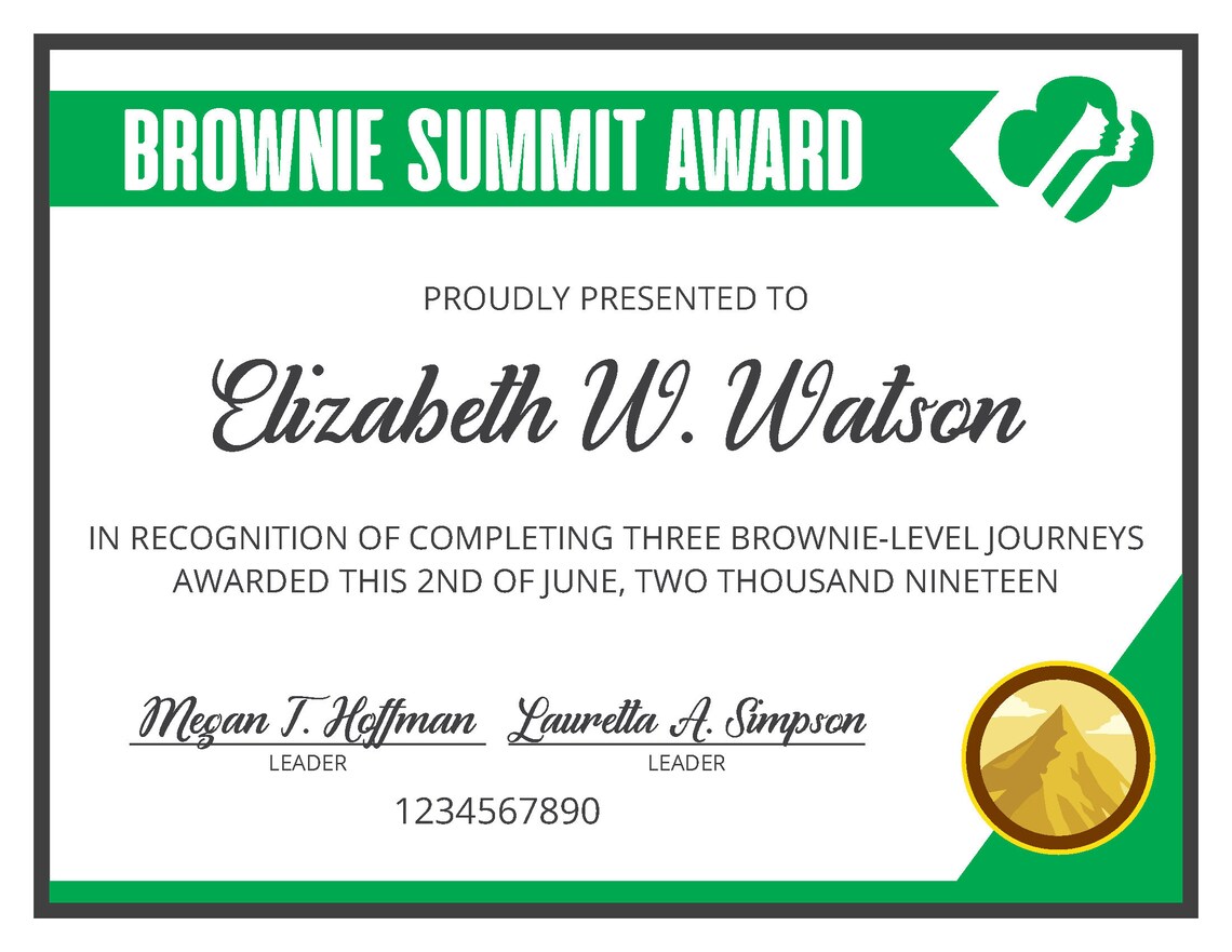 Girl Scout Brownie Summit Award Certificate PDF Template Etsy