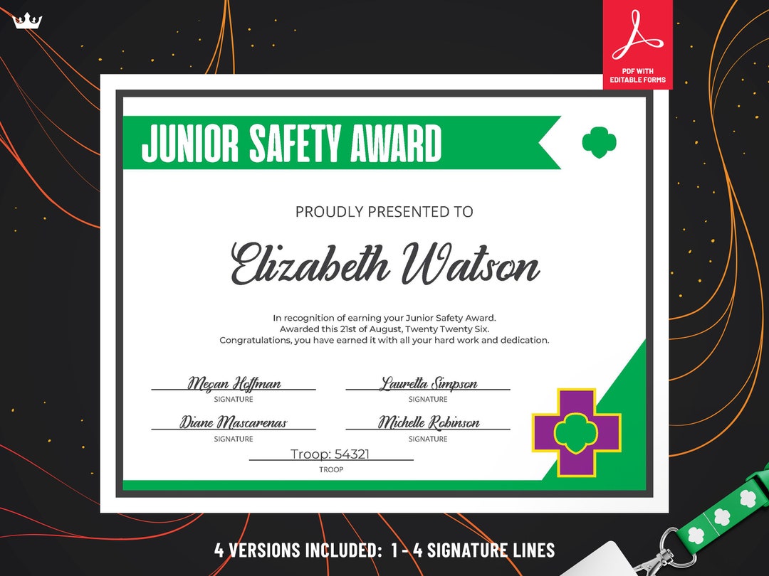 Girl Scout Junior Safety Award Certificate Printable PDF Template Etsy