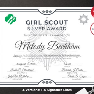 Girl Scout Silver Award Certificate Printable PDF Template - Etsy