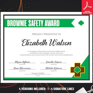 Girl Scout Brownie Safety Award Certificate | Printable PDF Template