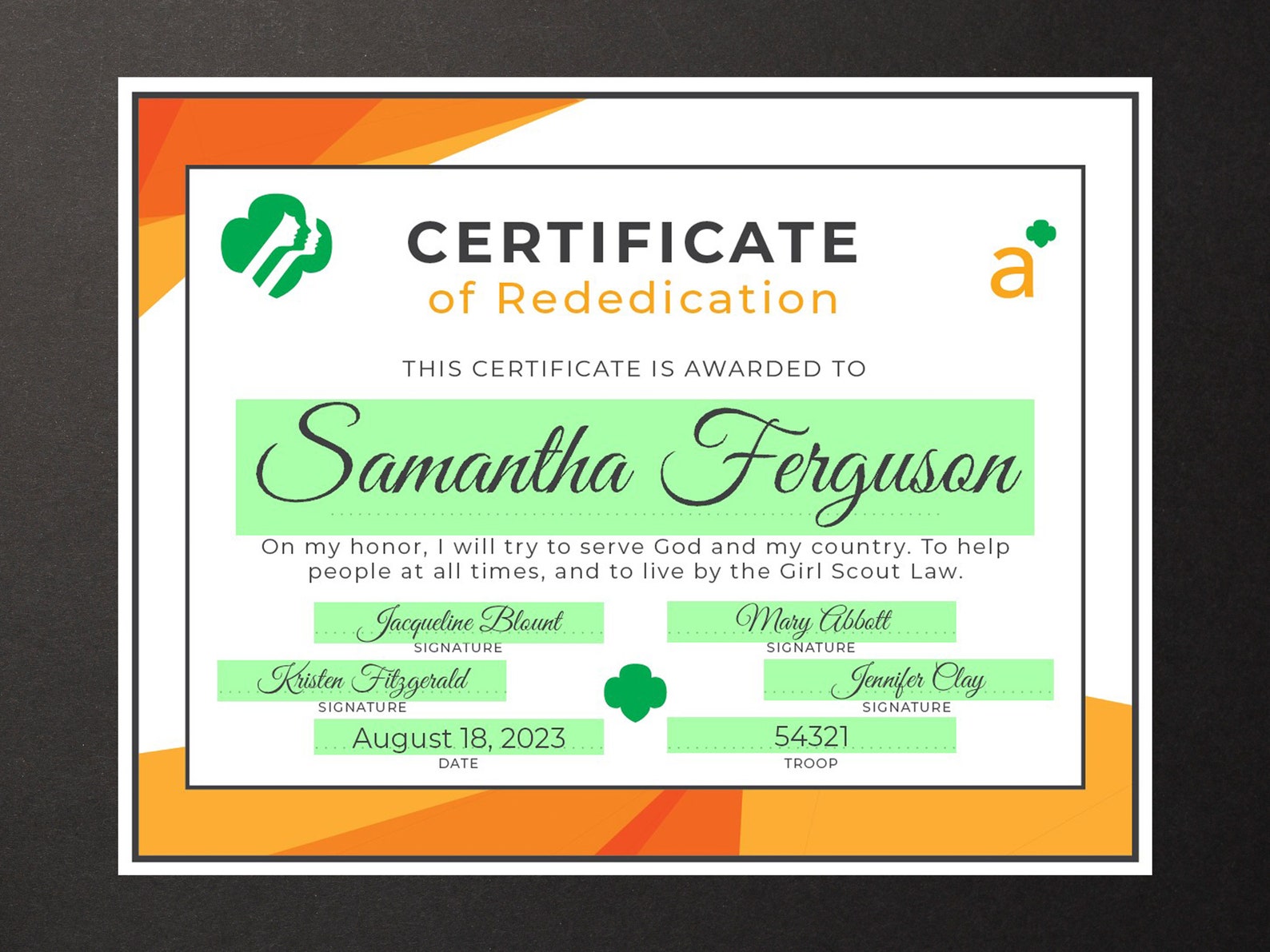 Girl Scout Ambassador Rededication Certificate Printable PDF Etsy