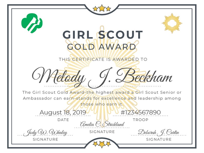 Girl Scout Gold Award Certificate Printable PDF Template Etsy