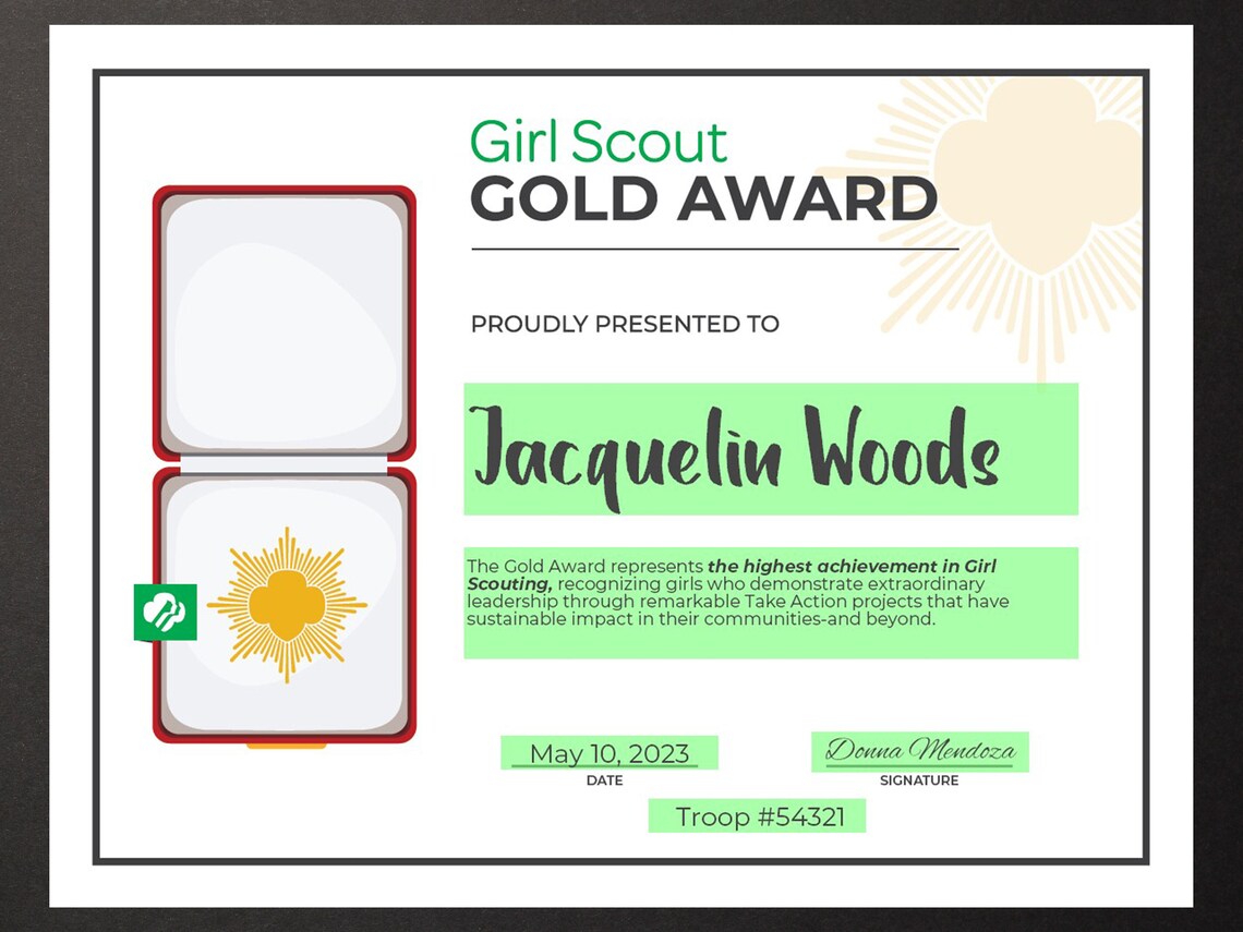 Girl Scout Gold Award Certificate Printable PDF Template | Etsy