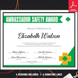 Girl Scout Ambassador Safety Award Certificate | Printable PDF Template
