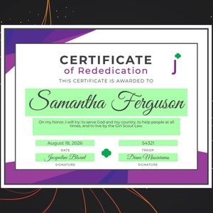 Girl Scout Junior Rededication Certificate | Printable PDF Template - Etsy