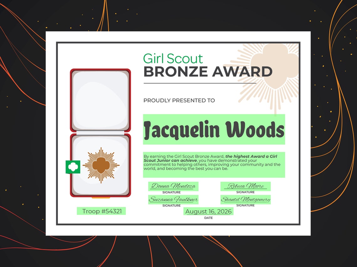 Girl Scout Bronze Award Certificate Printable PDF Template Etsy