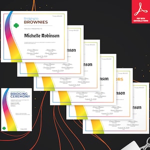 May include: A set of five printable Girl Scout bridging ceremony certificates with a rainbow design. The certificates are for bridging from Daisies to Brownies. The text on the certificates reads "Bridging to Brownies" and "Proudly Presented To".