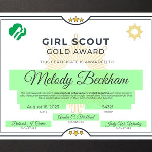 Girl Scout Gold Award Certificate Printable PDF Template - Etsy